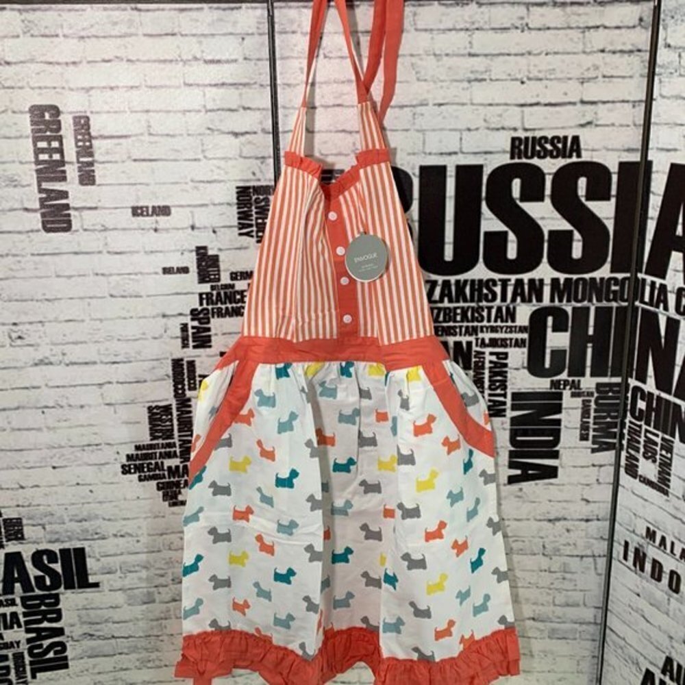 Envogue Coral Cotton Striped Doggy Print Ruffle Trim Kitchen Apron